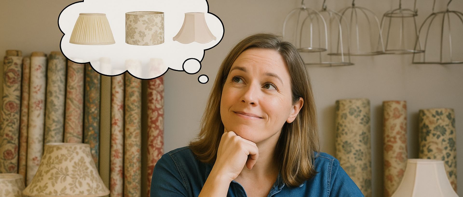 Personne réfléchissant à différents modèles d’abat-jour, entourée de rouleaux de tissus et de carcasses d’atelier, illustrant la recherche de la formation la plus adaptée.